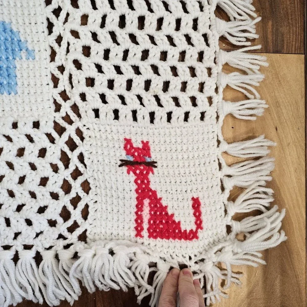 Vintage Crochet Afghan Baby‎ Blanket Bunny Cat Teddy Bear  37